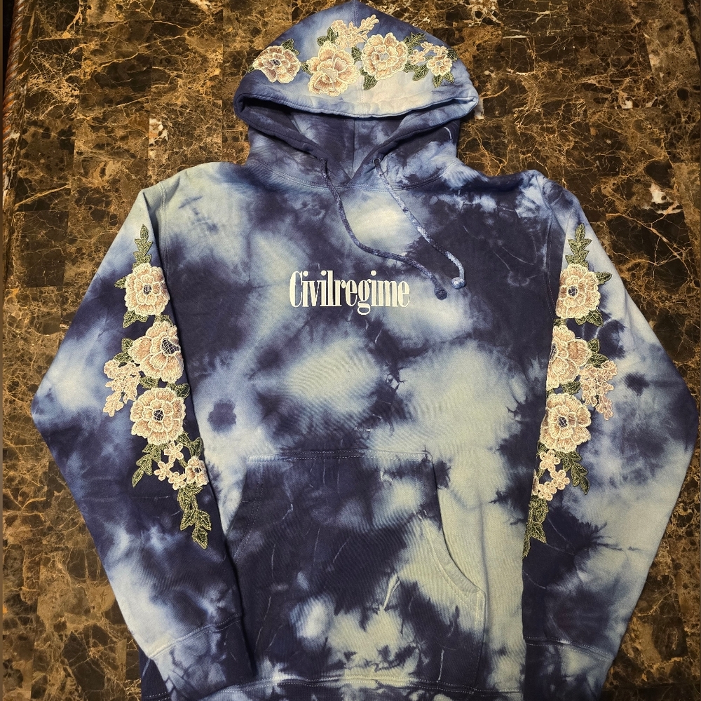 RARE SOLD OUT NEW NEVER WORN Civil Regime White Roses blue marble wash hoodie